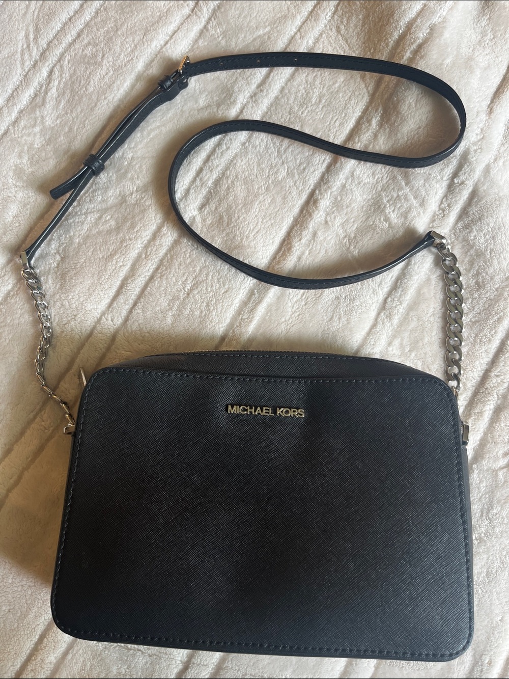 MICHAEL KORS Black Saffiano Leather Crossbody with Silver Chain